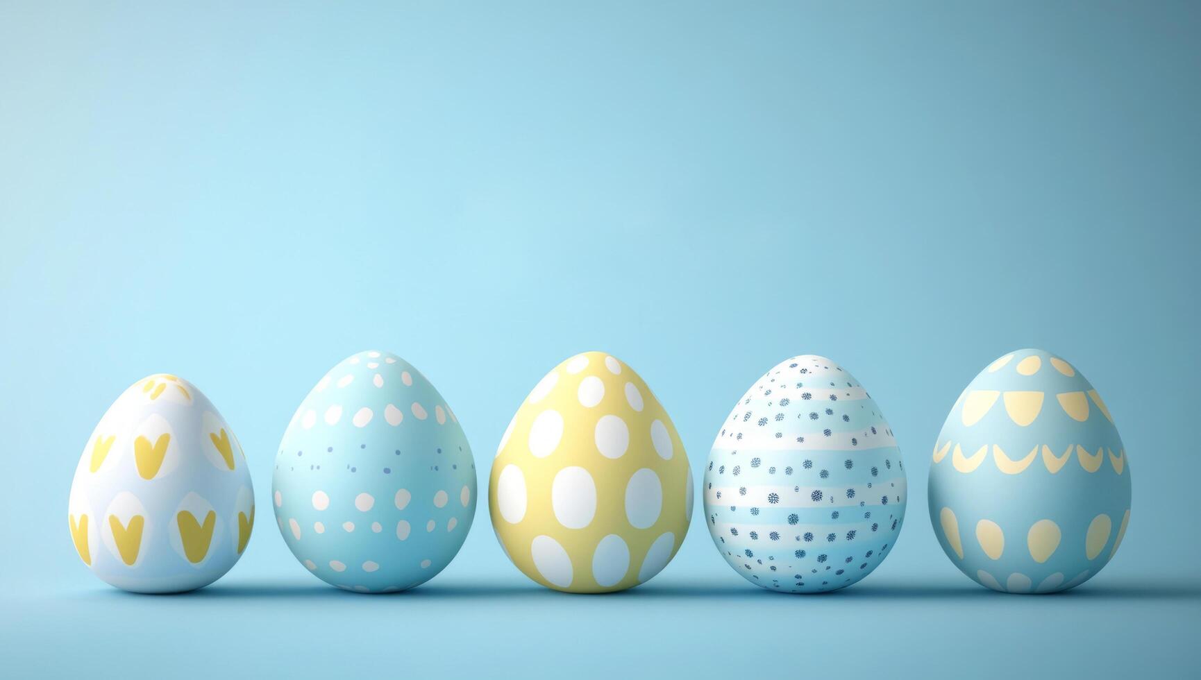 Five decorated easter eggs standing on a light blue surface, creating a festive and colorful easter scene photo