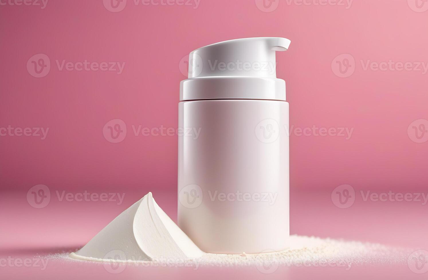 White plastic bottle filled with fluid on white powder, placed on pink surface photo