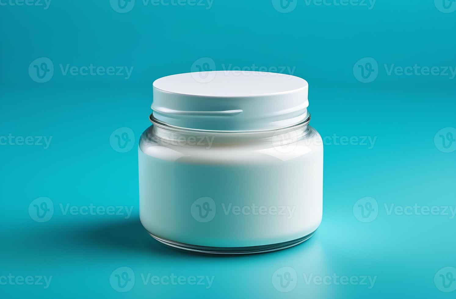 A jar of yogurt with a white lid on a blue background photo