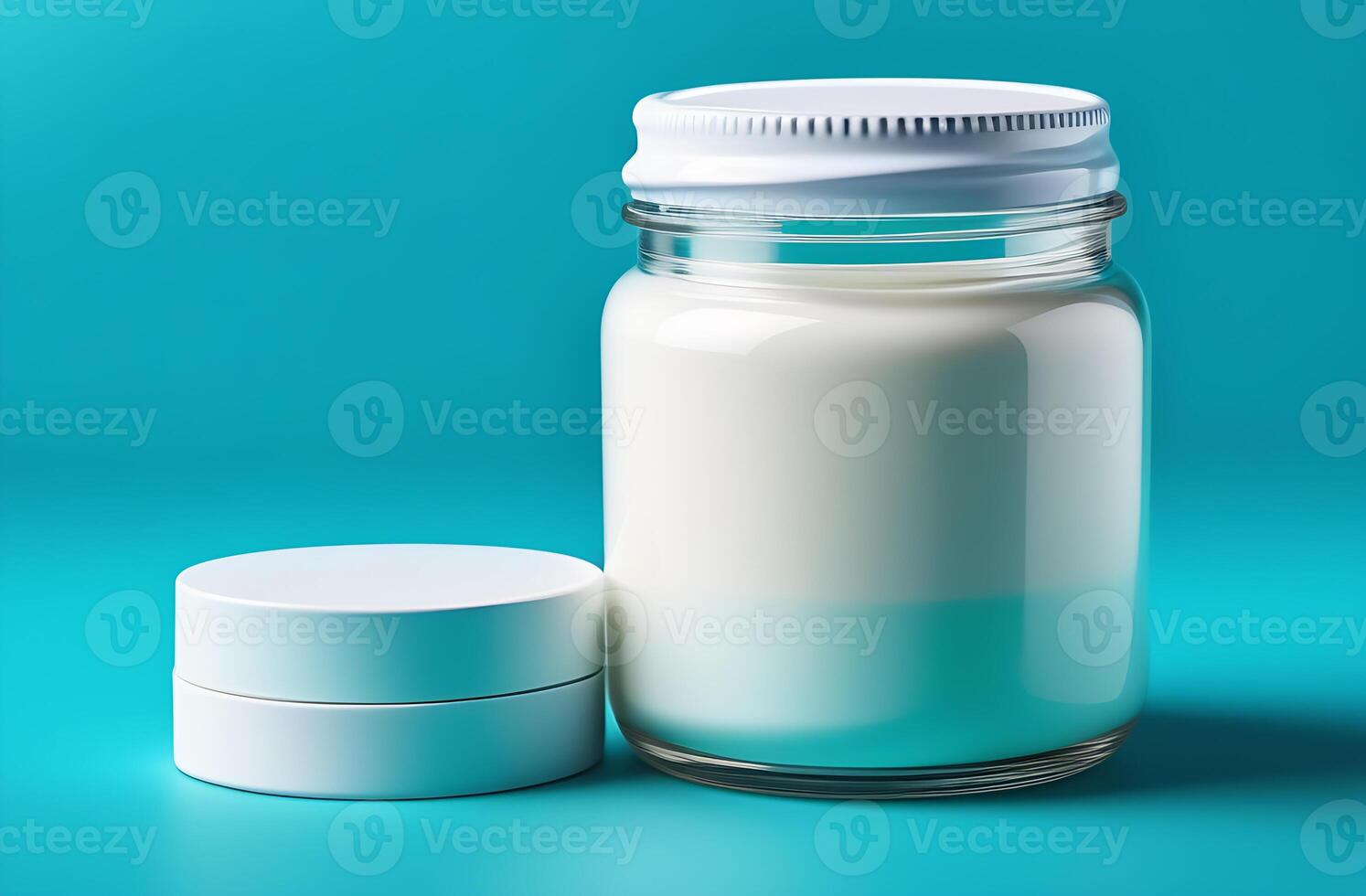 Plastic bottle of liquid yogurt with white lid on electric blue background photo