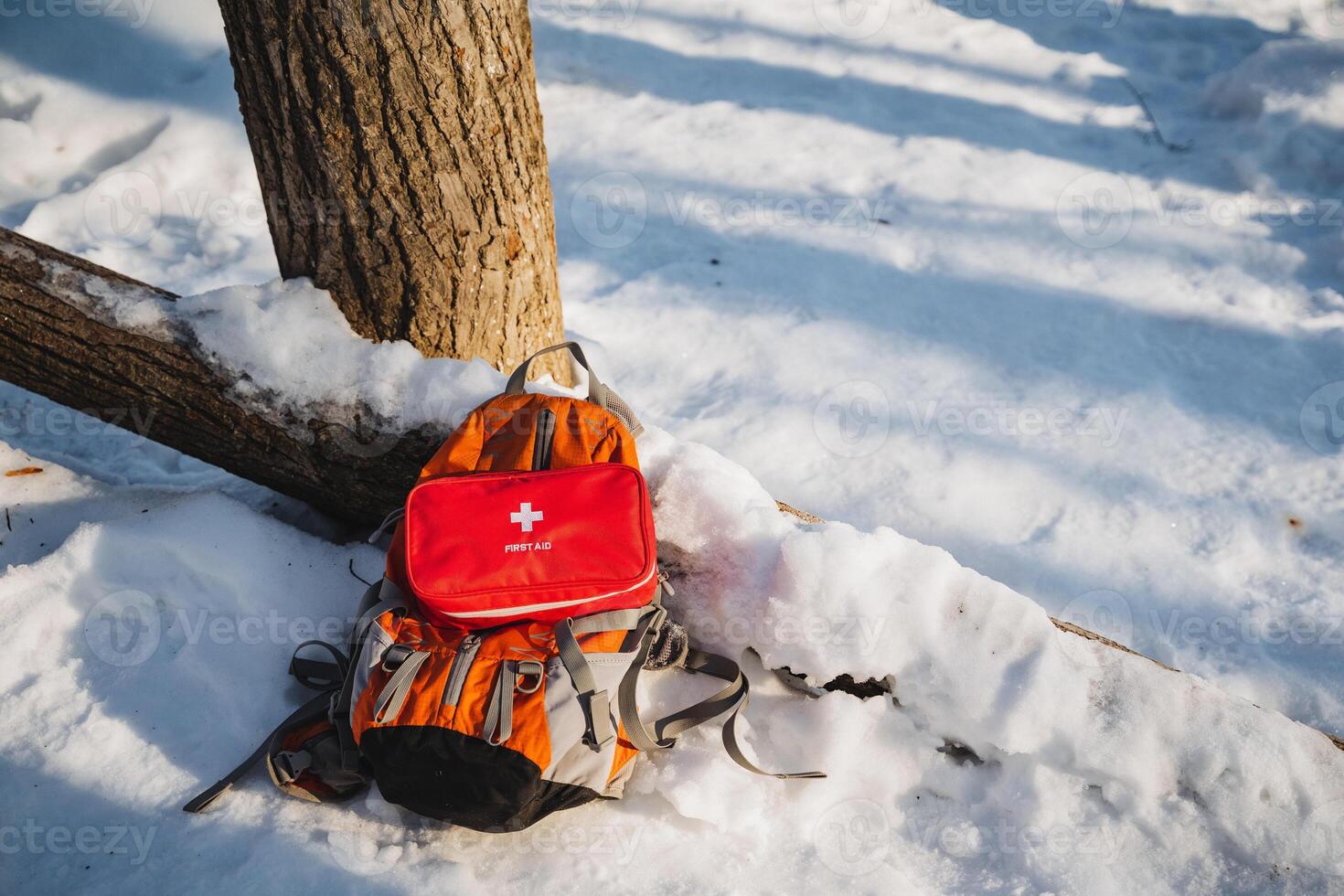 A vibrant outdoor winter scene prominently features a backpack and a first aid kit positioned in breathtaking snowy terrain, showcasing the beauty of nature in winter photo