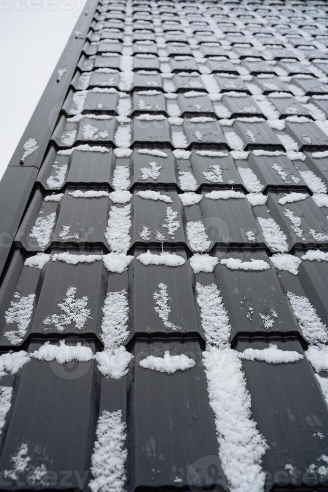 This is a detailed closeup view of a roof that is capped with a layer of fresh snow, highlighting its texture and the serene beauty of winter. The snow reflects a gentle light photo