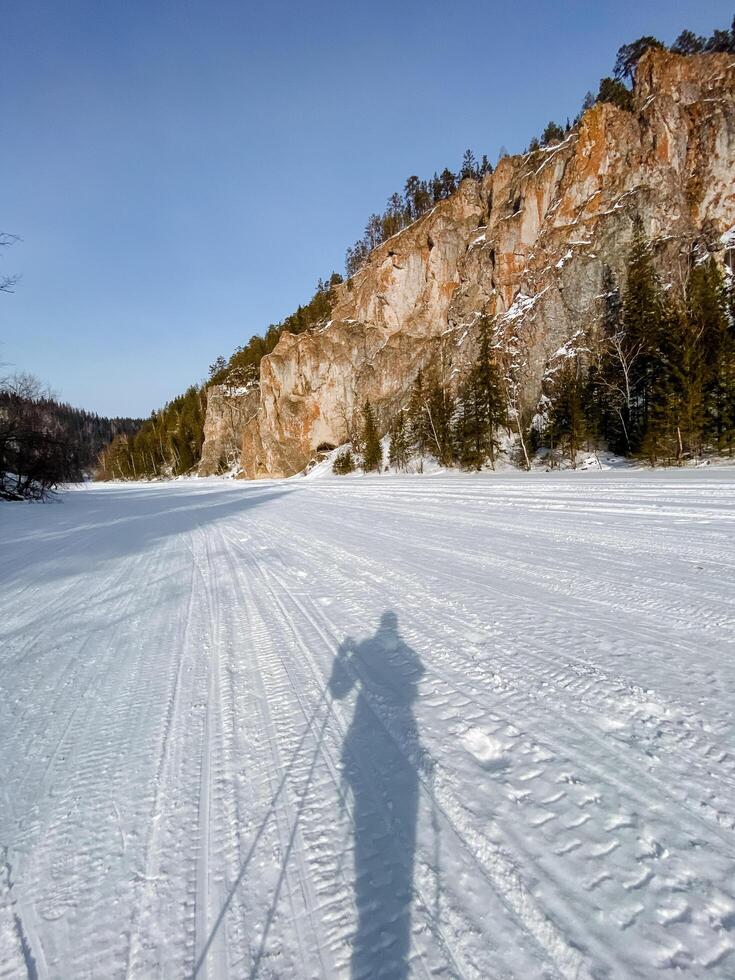 A person is gracefully skiing down a beautifully snowcovered road, surrounded by an enchanting winter wonderland that perfectly showcases the breathtaking beauty of the season photo
