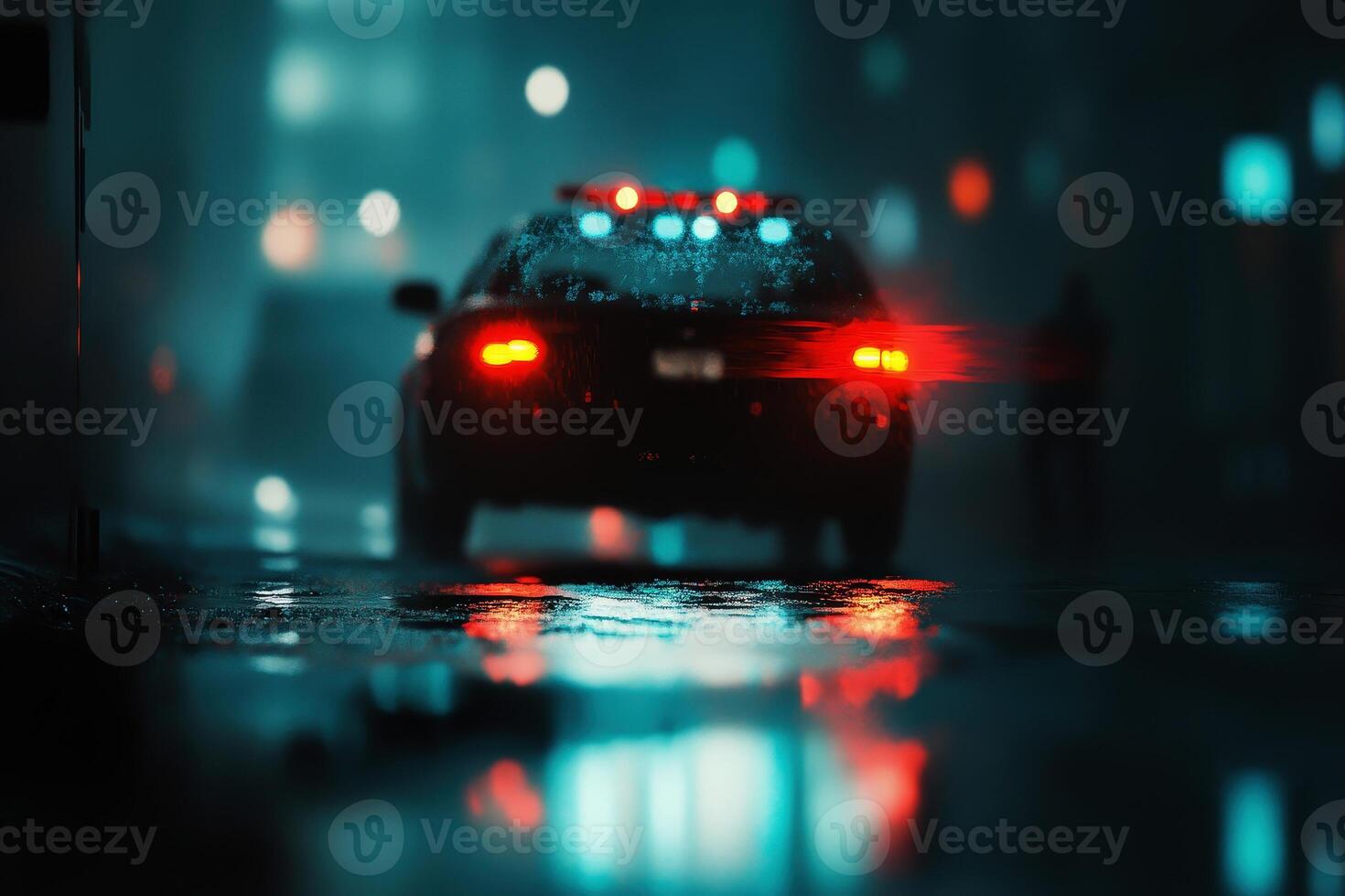 police cars with flashing lights in an emergency scene, at night ... photo