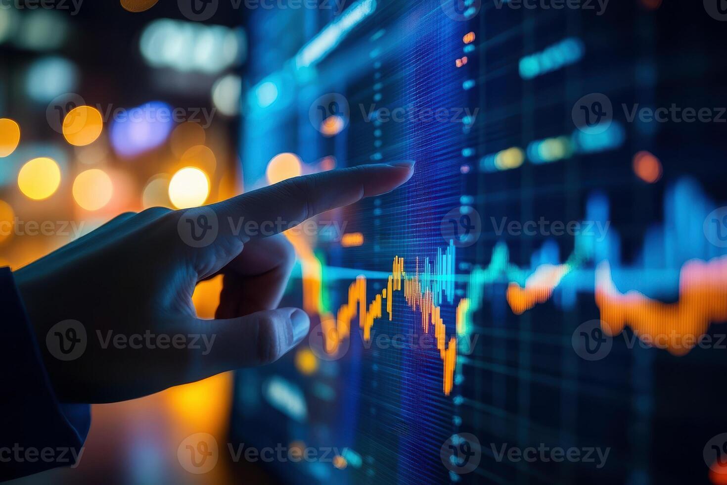 A business person interacting with charts and diagrams on a stock market screen., photo