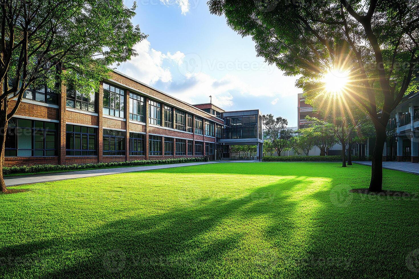 the exterior view of a public school building yard. College or university architecture, an outdoor view of a campus, high school construction, college or university landscape design. photo