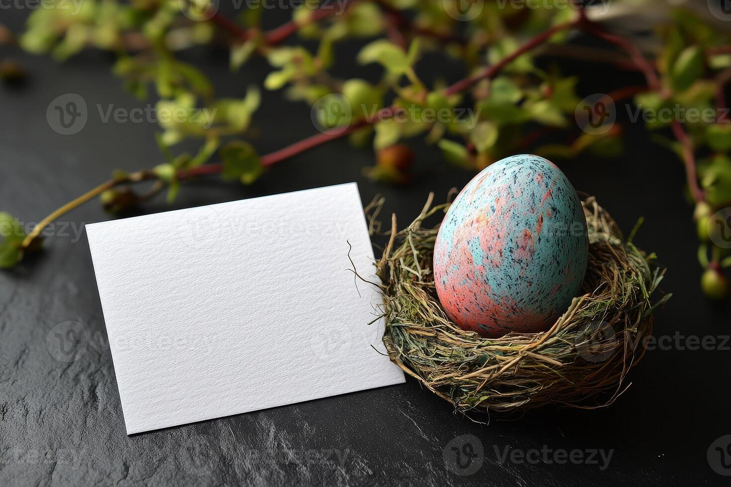 the Easter card mockup with a blank white paper sheet in an egg nest, eggs, Easter day concept. photo