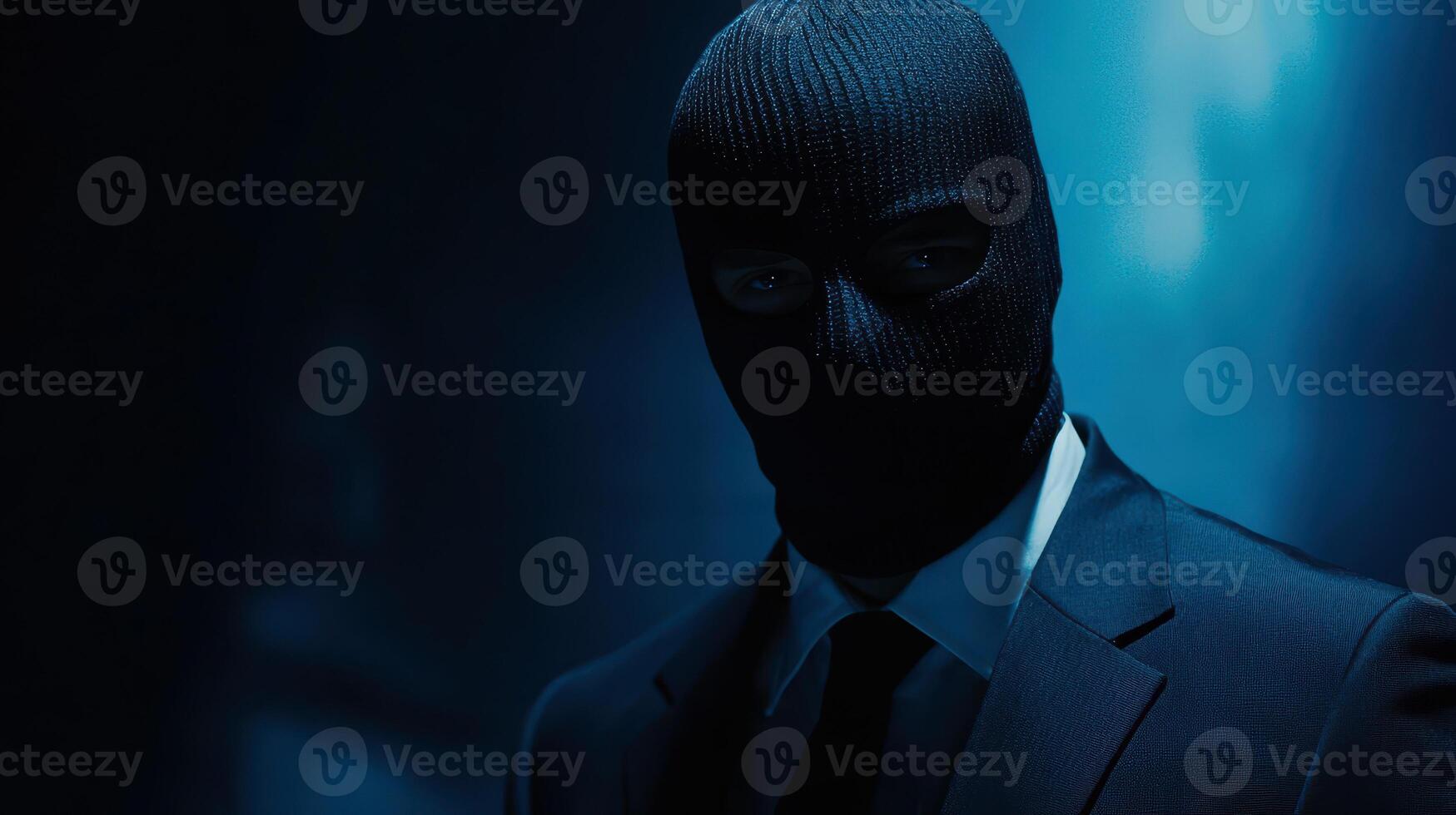 A man wearing a black mask and a suit on dark blue isolated background.. photo