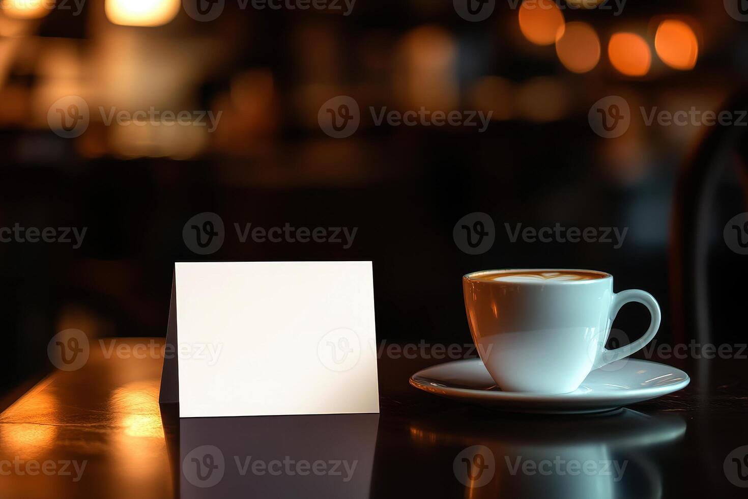 Blank menu card mockup on cafe table with coffee,,. photo