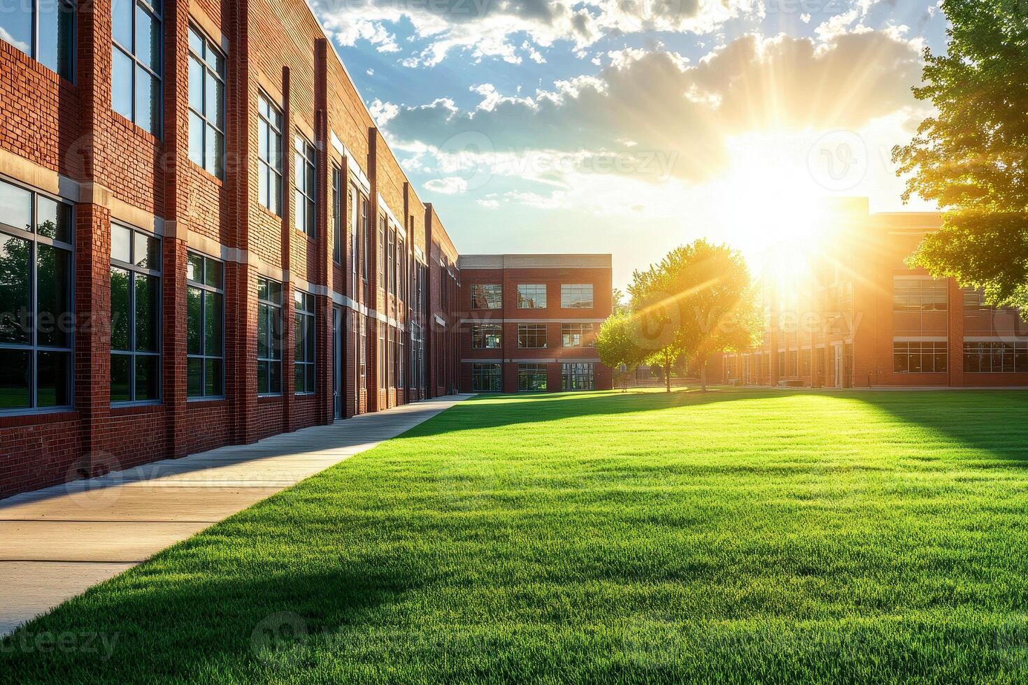 exterior view of a public school building yard. College or university architecture, an outdoor view of a campus, high school construction, college or university landscape design. photo