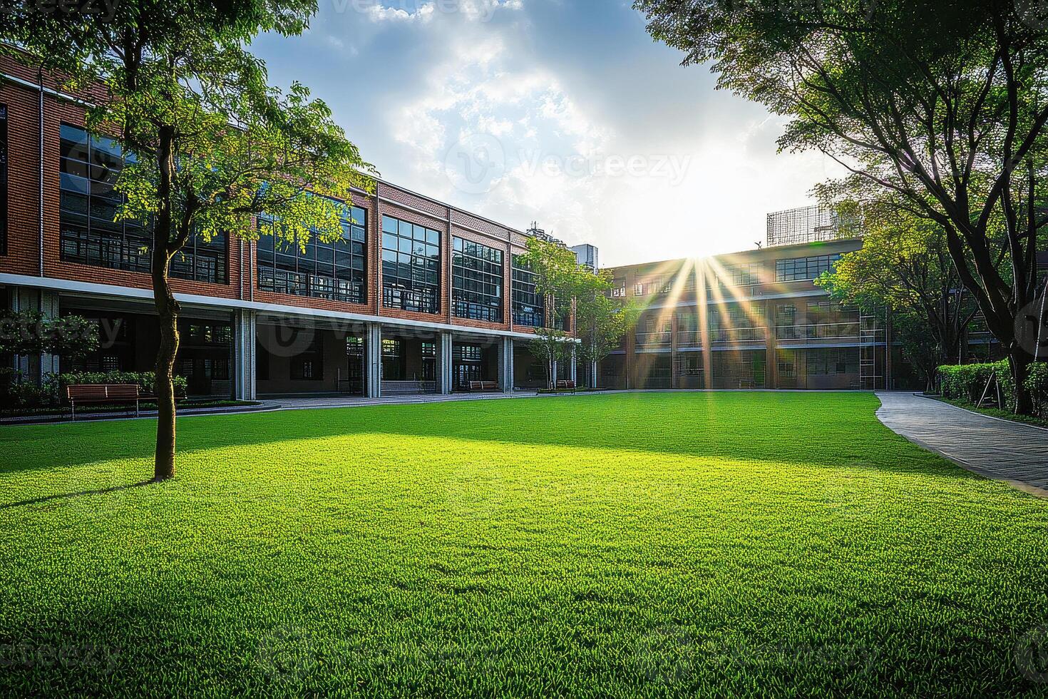 An exterior view of a public school building yard. College or university architecture, an outdoor view of a campus, high school construction, college or university landscape design photo