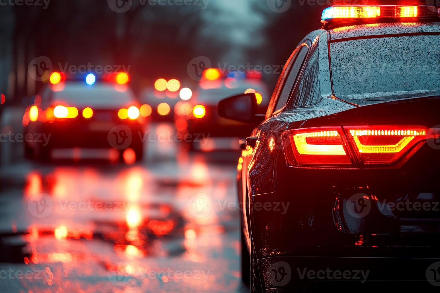 police cars with flashing lights in an emergency scene, at night .. photo