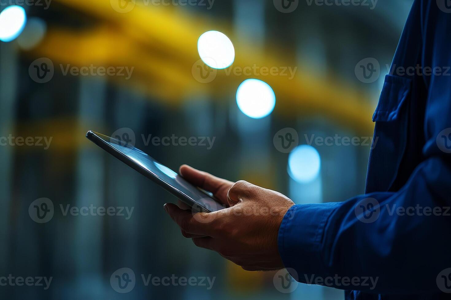 Closeup of worker's hands using digital tablet in warehouse. photo