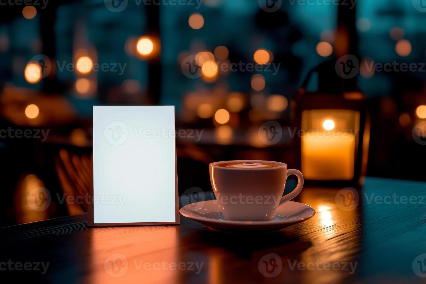 Blank menu card mockup on cafe table with coffee.., photo