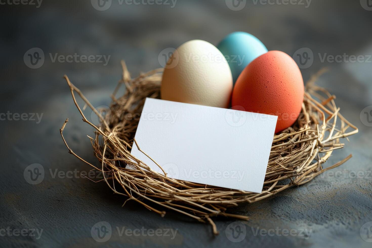 a colorful eggs and quail eggs on a minimalist background with blank greeting card mockup and delicate flowers in stylish arrangement. photo