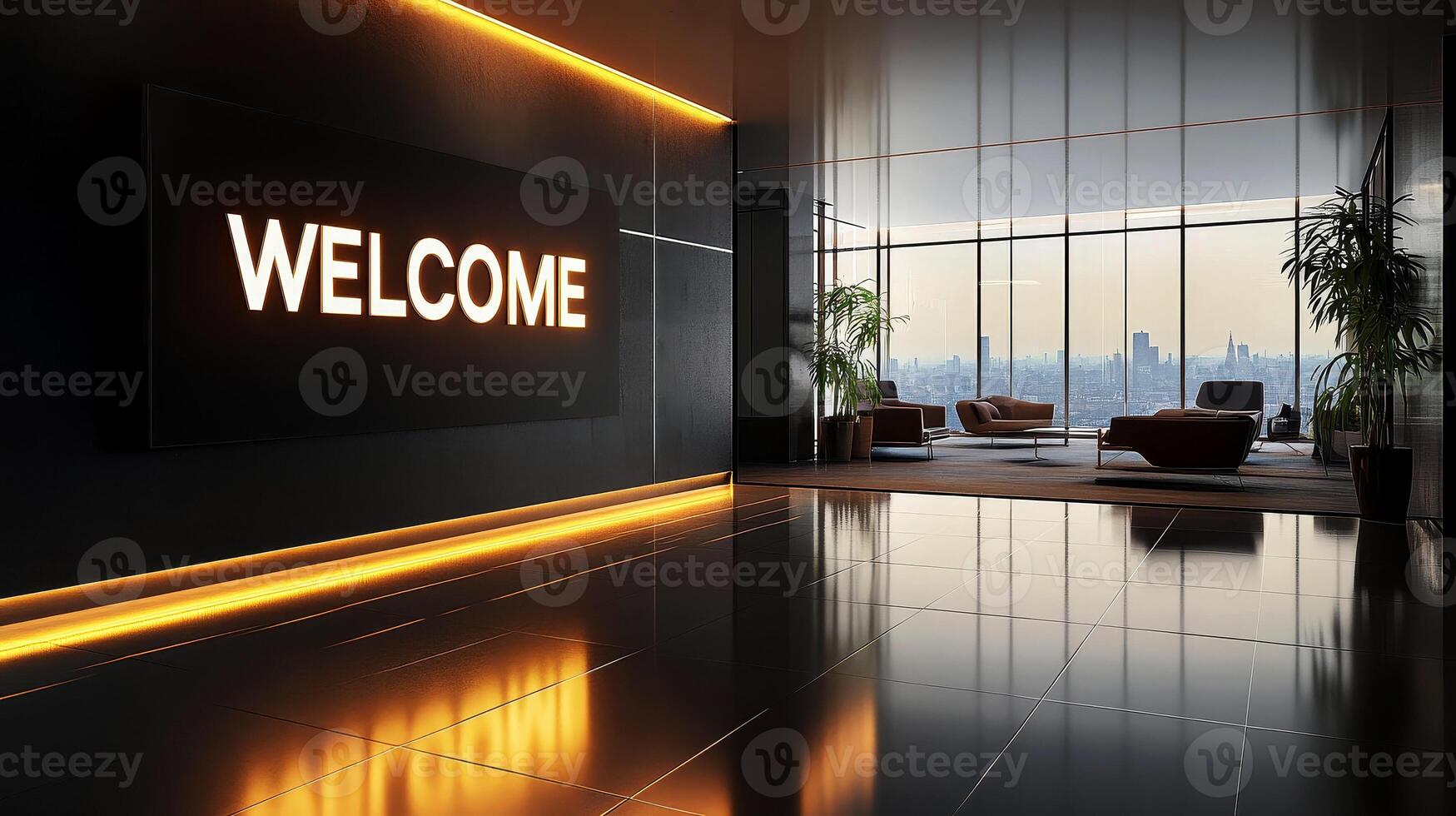 Modern Welcome text sign in an office lobby with sleek design elements,. photo