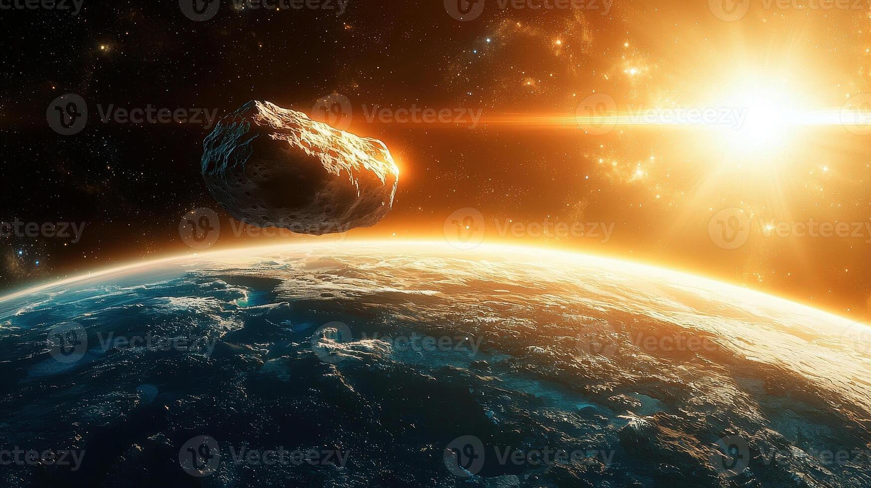 Asteroid in space near Earth. Big asteroid on orbit of Earth planet with sun light. Elements of this image furnished by NASA.. photo