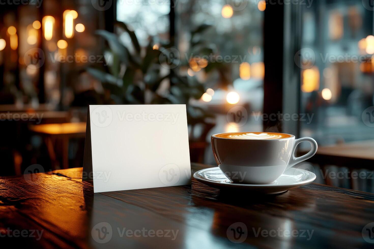 Blank menu card mockup on cafe table with coffee.,. photo