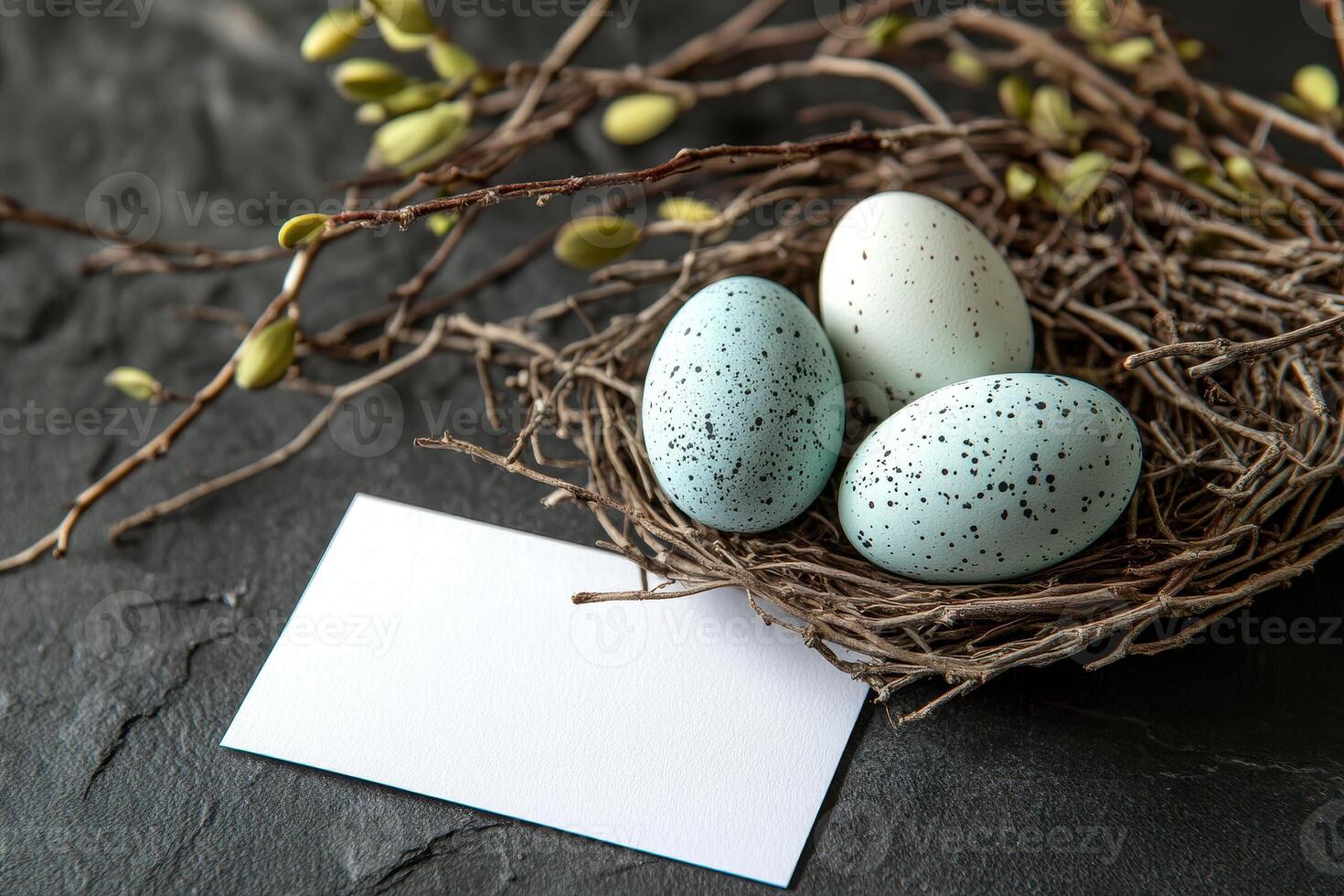 the colorful eggs and quail eggs on a minimalist background with blank greeting card mockup and delicate flowers in stylish arrangement. photo