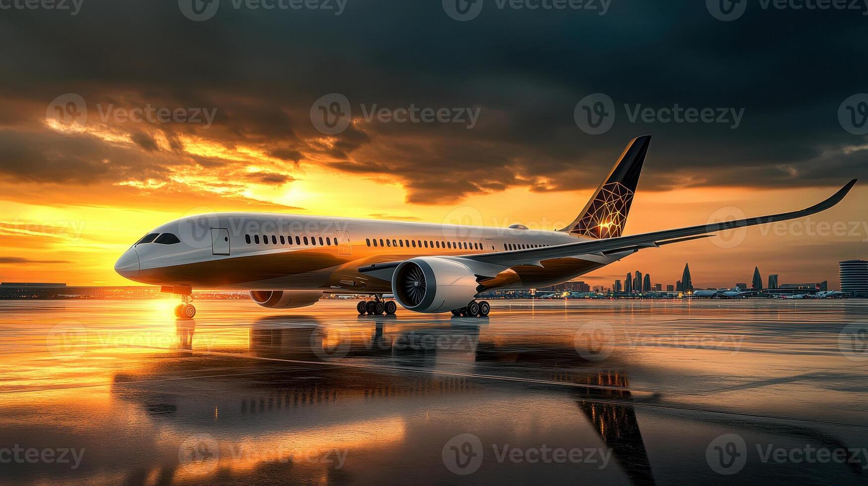 a Side view of aircraft at the terminal at sunset. photo