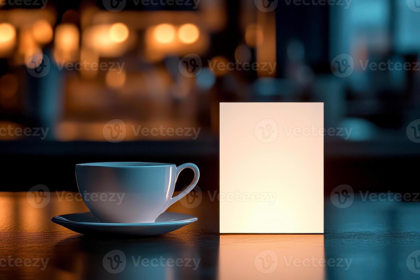 white coffee cup with blank business card on wooden table.,, photo