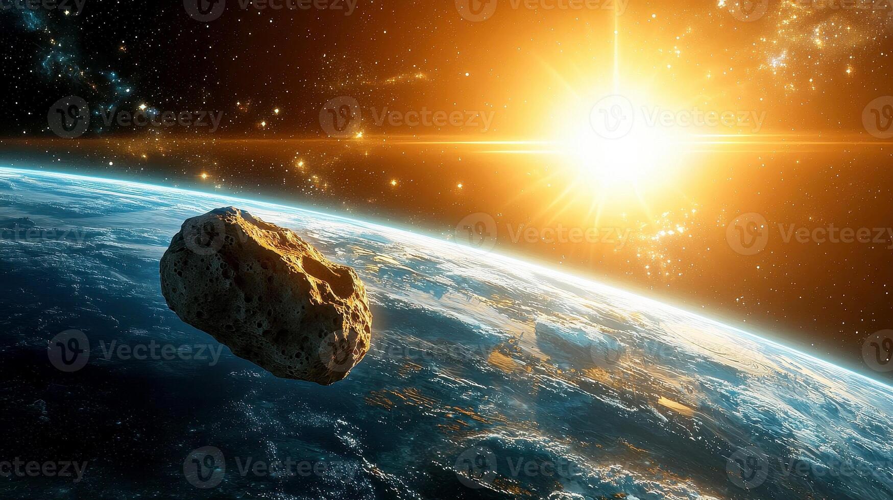 an Asteroid in space near Earth. Big asteroid on orbit of Earth planet with sun light. Elements of this image furnished by NASA photo