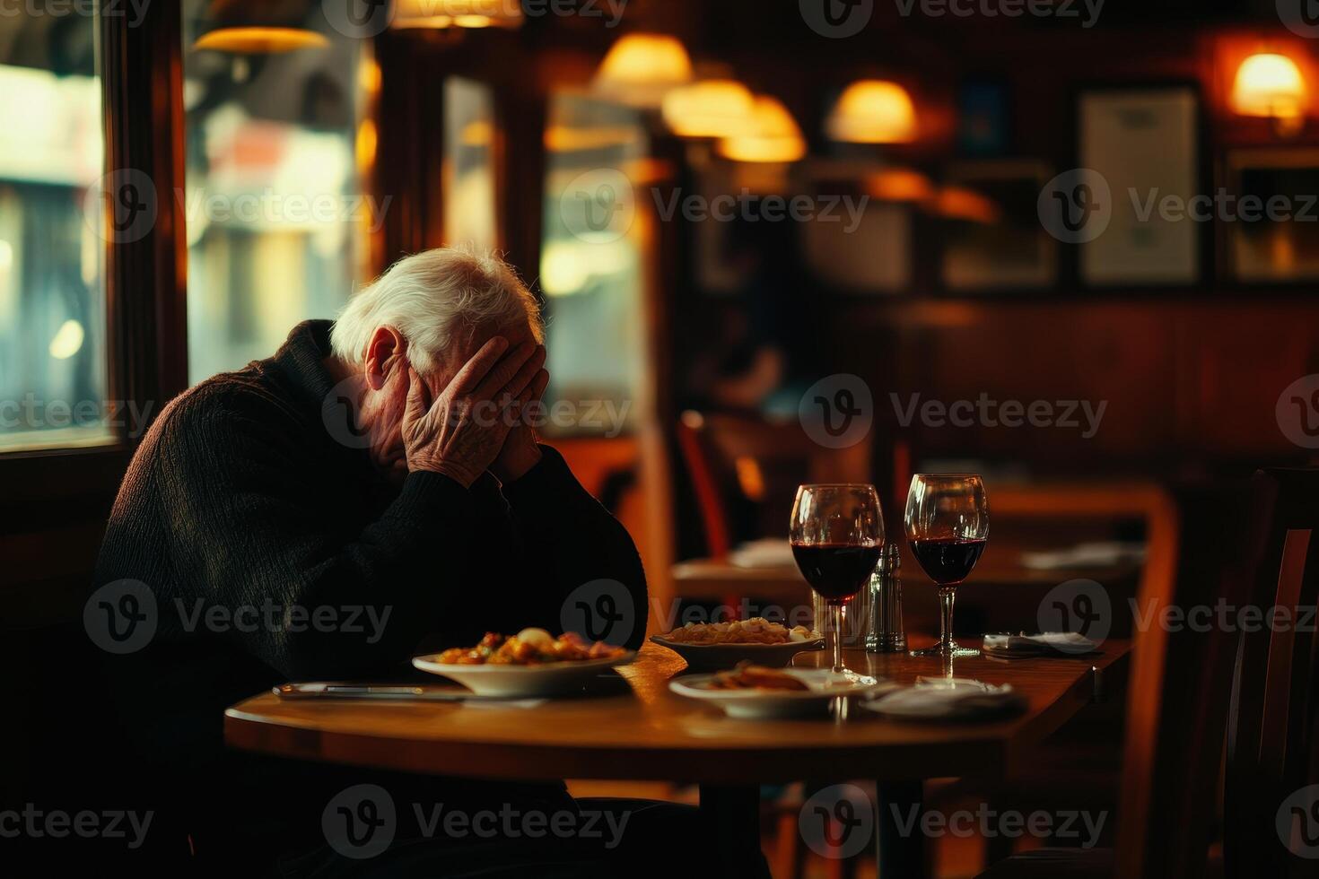 the Stressed and worried elderly man covering his face with hands in distress while dinner in restaurant .Concept of business pressure deadline mental health issues. photo