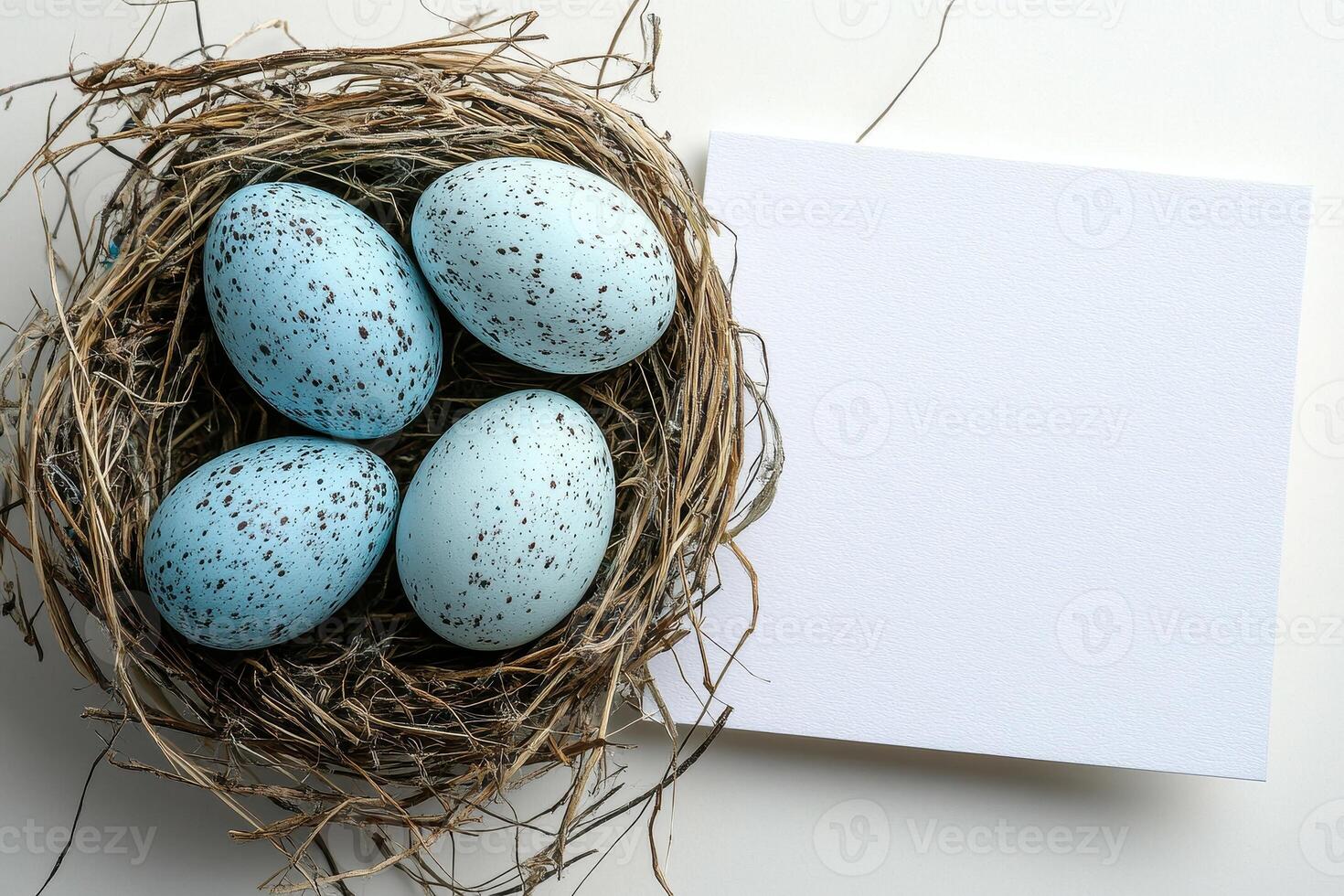 colorful eggs and quail eggs on a minimalist background with blank greeting card mockup and delicate flowers in stylish arrangement., photo