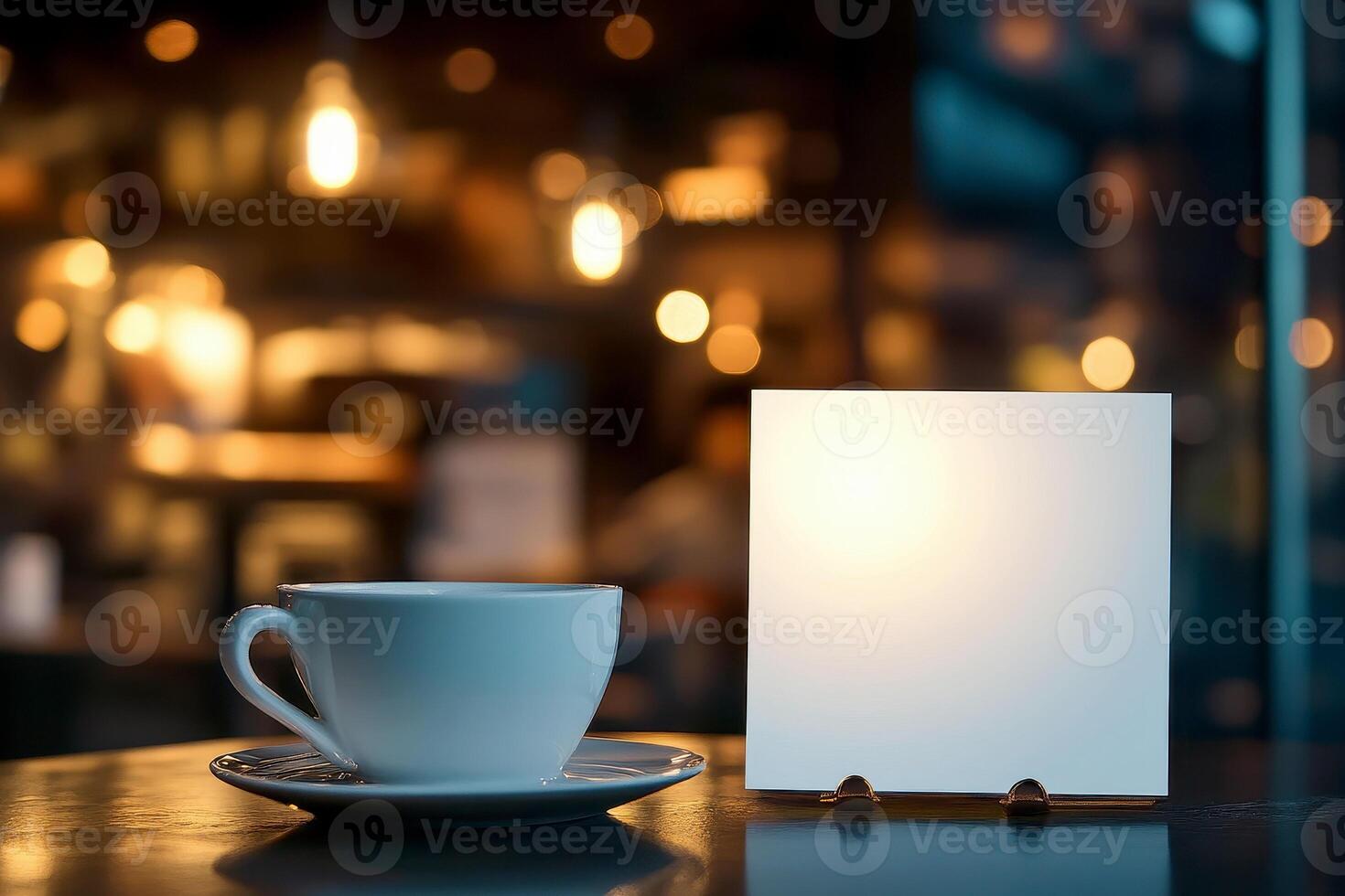 the white coffee cup with blank business card on wooden table. photo