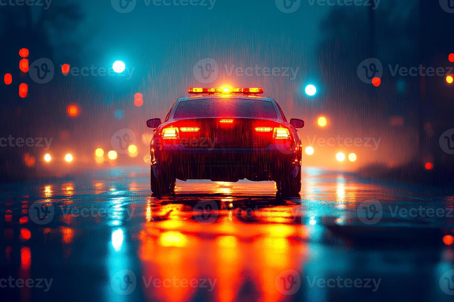 a police cars with flashing lights in an emergency scene, at night . photo