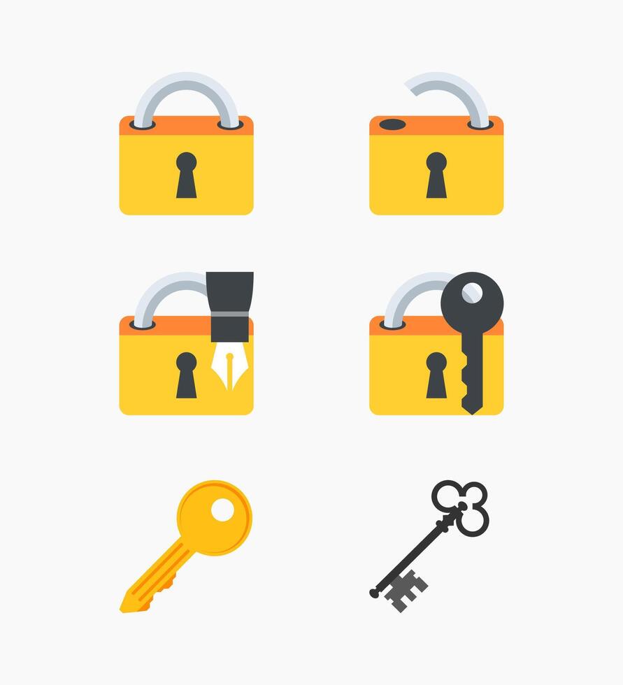 Padlock with key for safety and security protection isolated vector