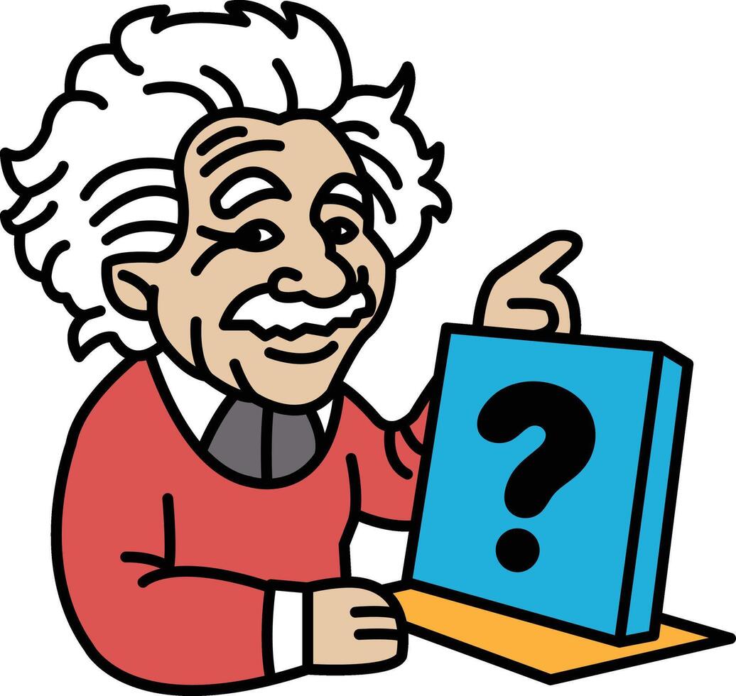 A man in a red shirt is pointing to a box with a question mark on it vector