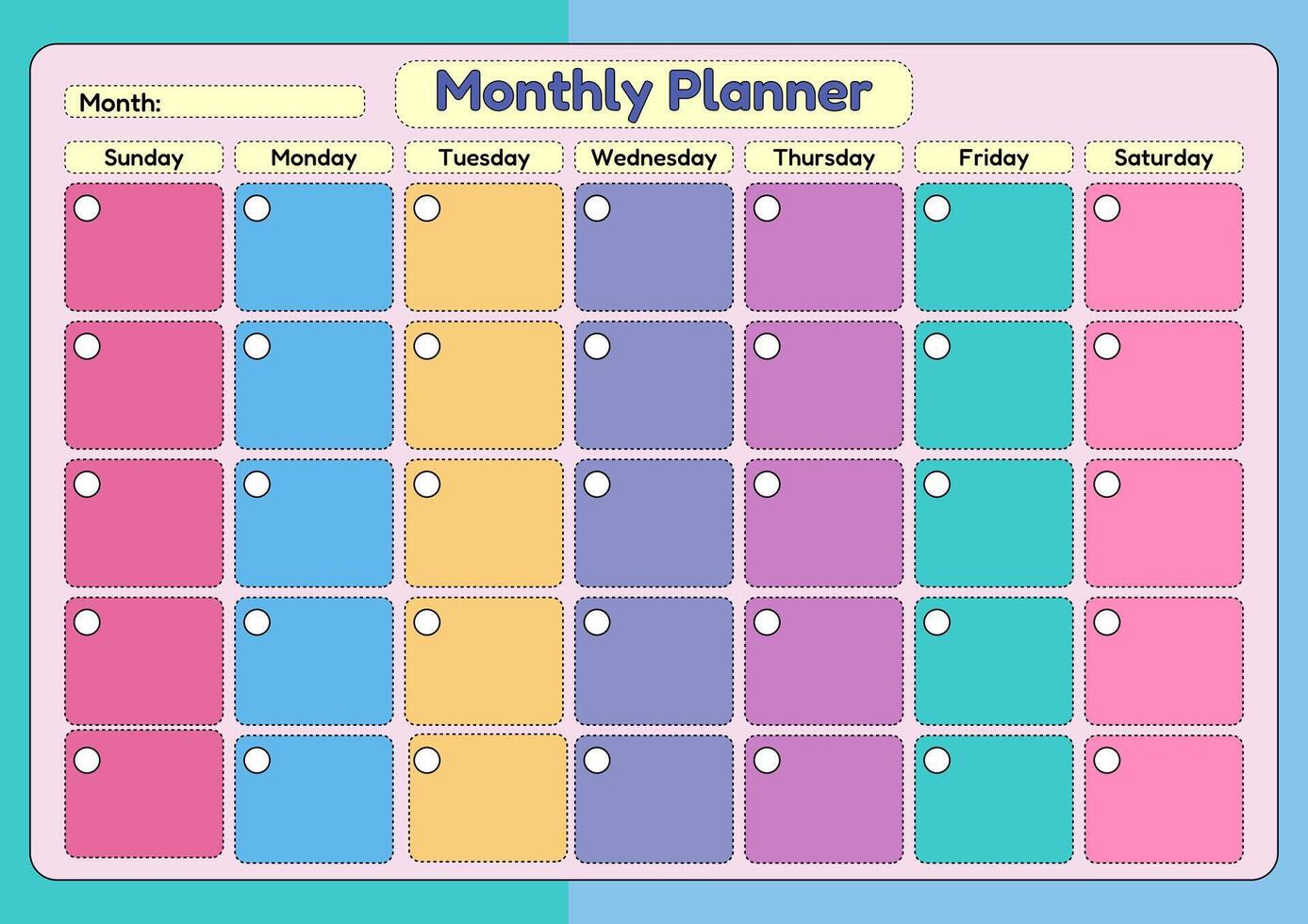 Vibrant monthly planner template with a blank calendar grid, weekdays labeled, and space for notes and tasks. vector