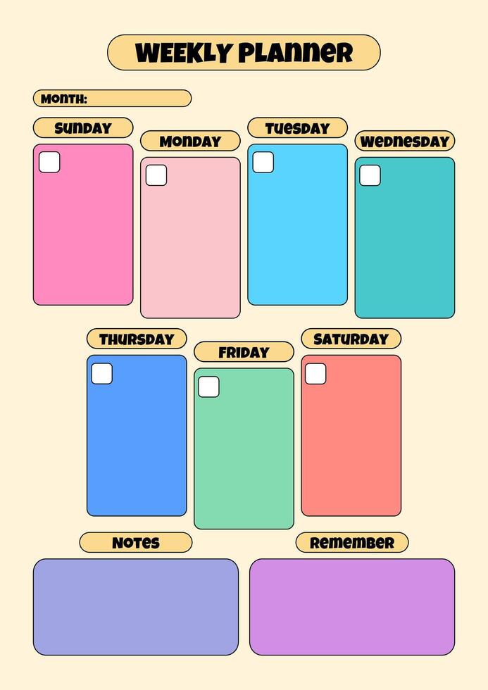 A vibrant weekly planner template with blank checkboxes for adding dates, notes, and reminders for better organization. vector