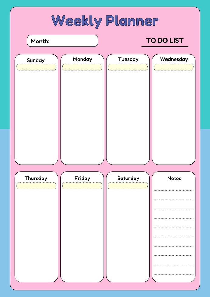 A vibrant weekly planner template with sections for each day of the week, a to-do list, and a notes section for organization. vector