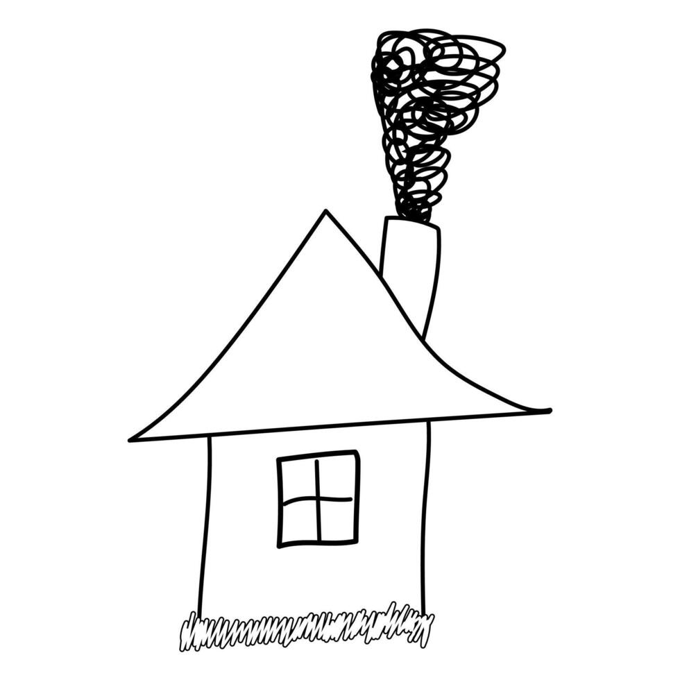 Black and white outline drawing of a house with a chimney emitting smoke, perfect for coloring and kids activities. vector