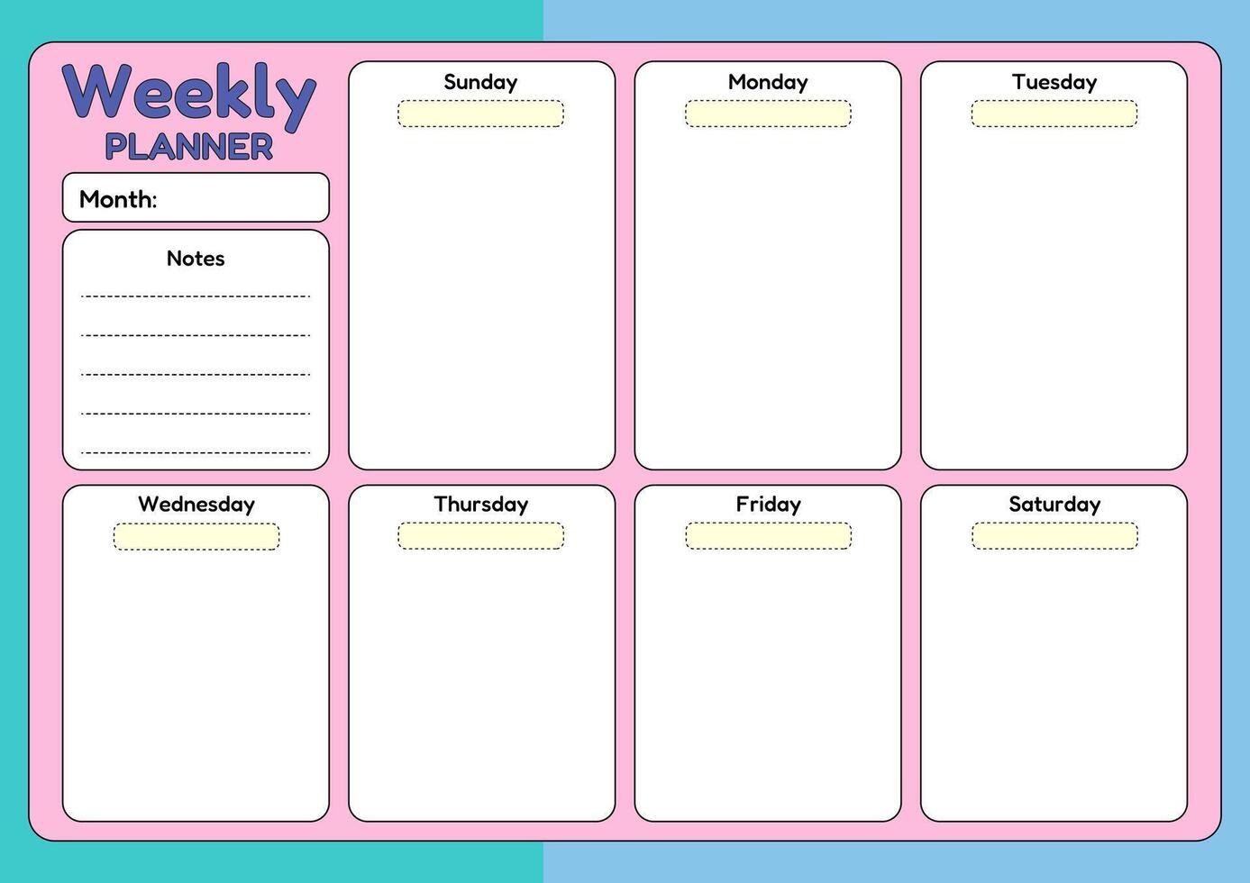 A colorful weekly planner template with space for daily tasks, a notes section, and a month selection field. vector