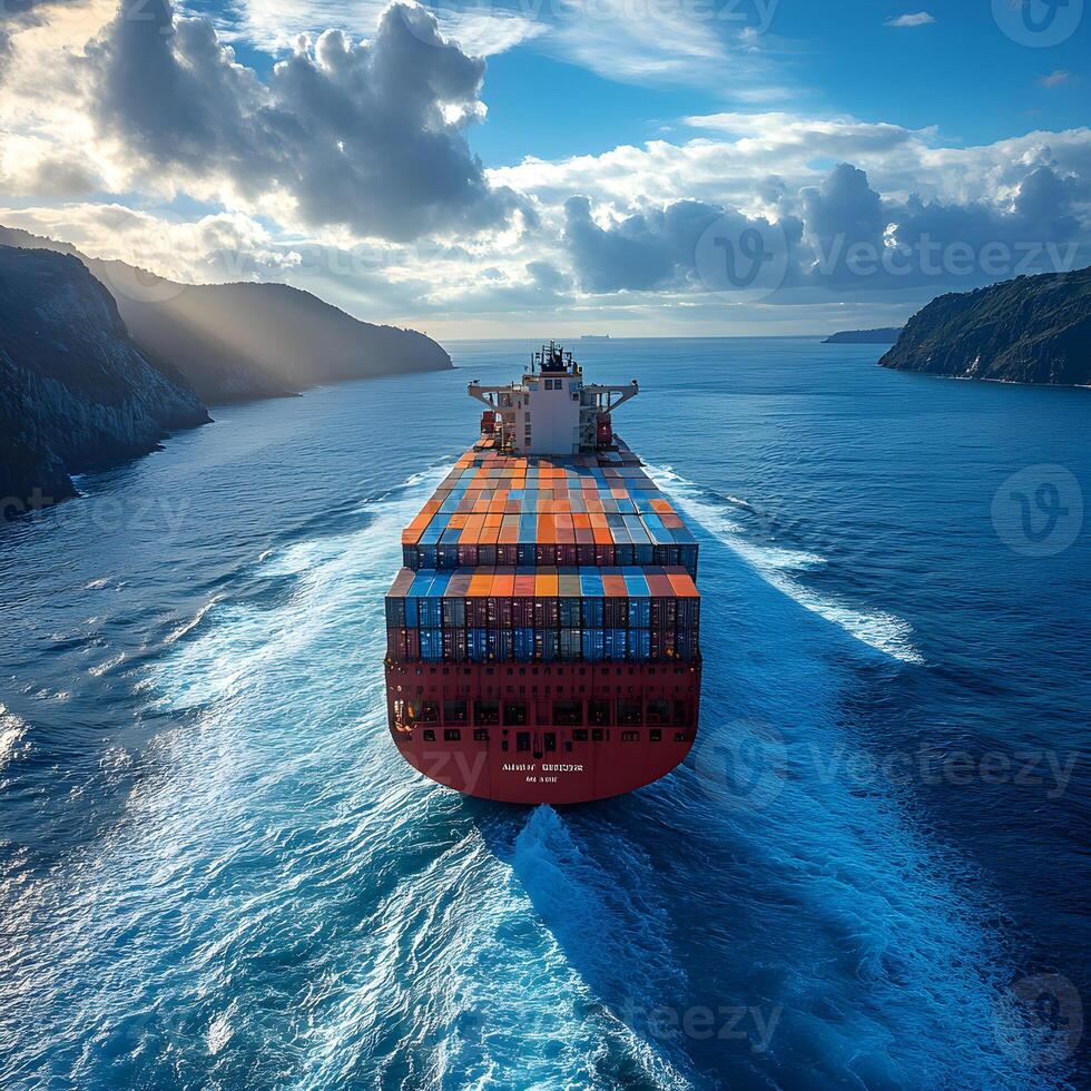 Large container ship sailing on the open ocean at sunset. Large container ship sailing on open ocean waters. Concept for global business and international container transport. photo