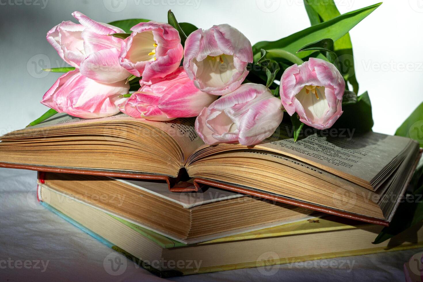 A view of a Bouquet of pink tulips and a stack of three books on a white sheet photo