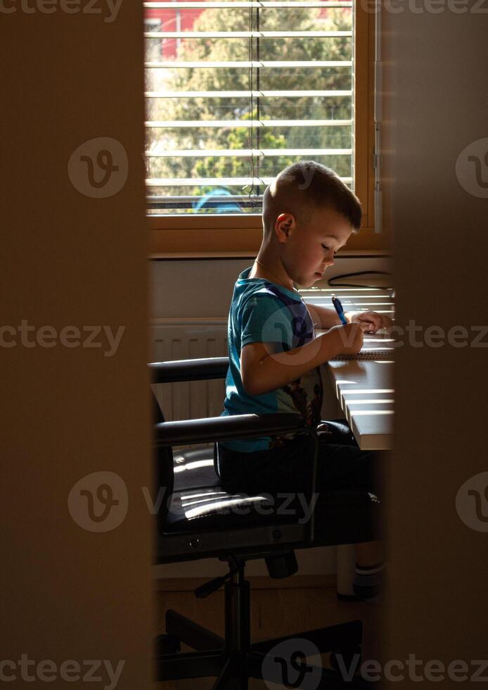 View of a boy doing homework at his desk photo