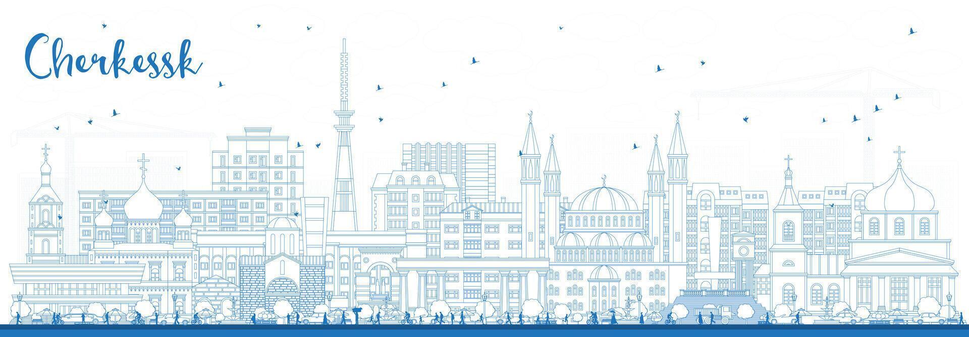 Outline Cherkessk Russia city skyline with blue buildings. Cherkessk cityscape with landmarks. Business travel and tourism concept with modern and historic architecture. vector