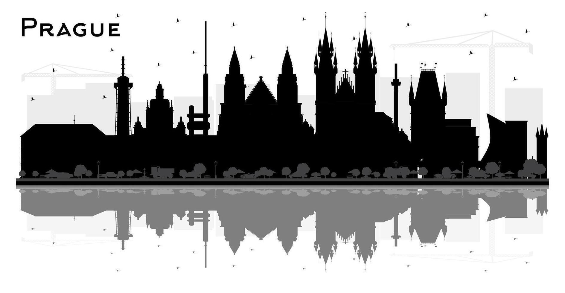 Prague Czech Republic City Skyline Silhouette with Black Buildings and reflections Isolated on White. Travel and Tourism Concept with Historic Architecture. Prague Cityscape with Landmarks. vector