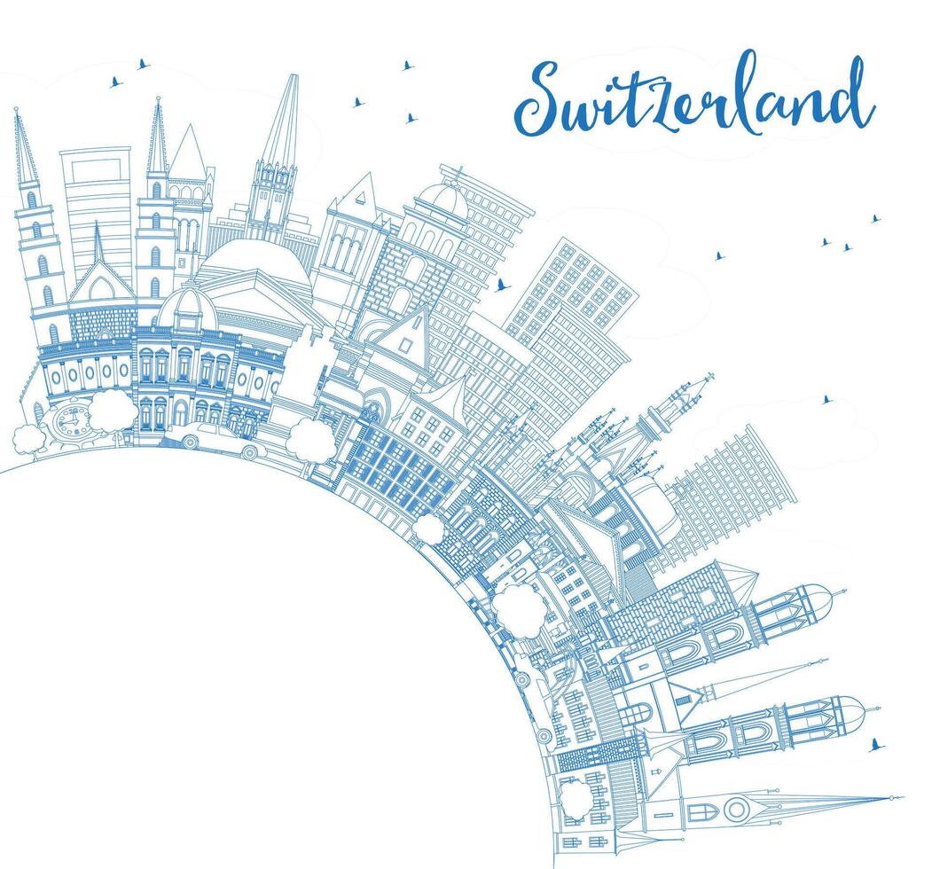 Outline Switzerland city skyline with buildings and copy space. Modern and historic architecture. Switzerland cityscape with landmarks. Bern. Basel. Zurich. Geneva. Lugano. vector
