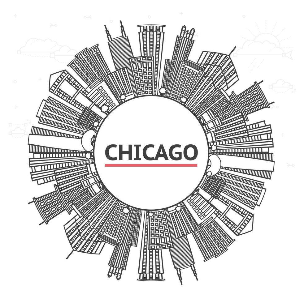 Outline Chicago Illinois City Skyline with Modern Buildings and copy space Isolated on White. Chicago Cityscape with Landmarks. vector