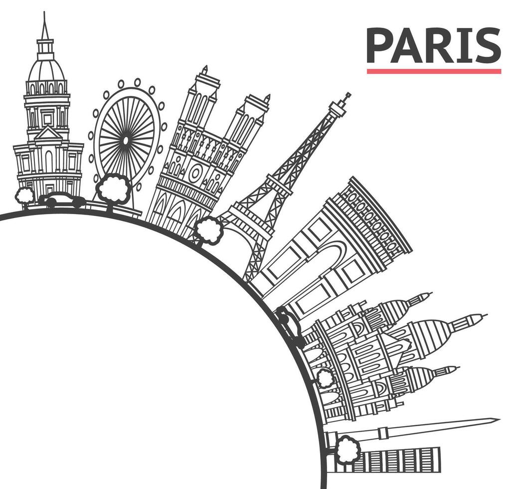 Outline Paris France City Skyline with black Historic Buildings and copy space Isolated on White. Paris Cityscape with Landmarks. vector