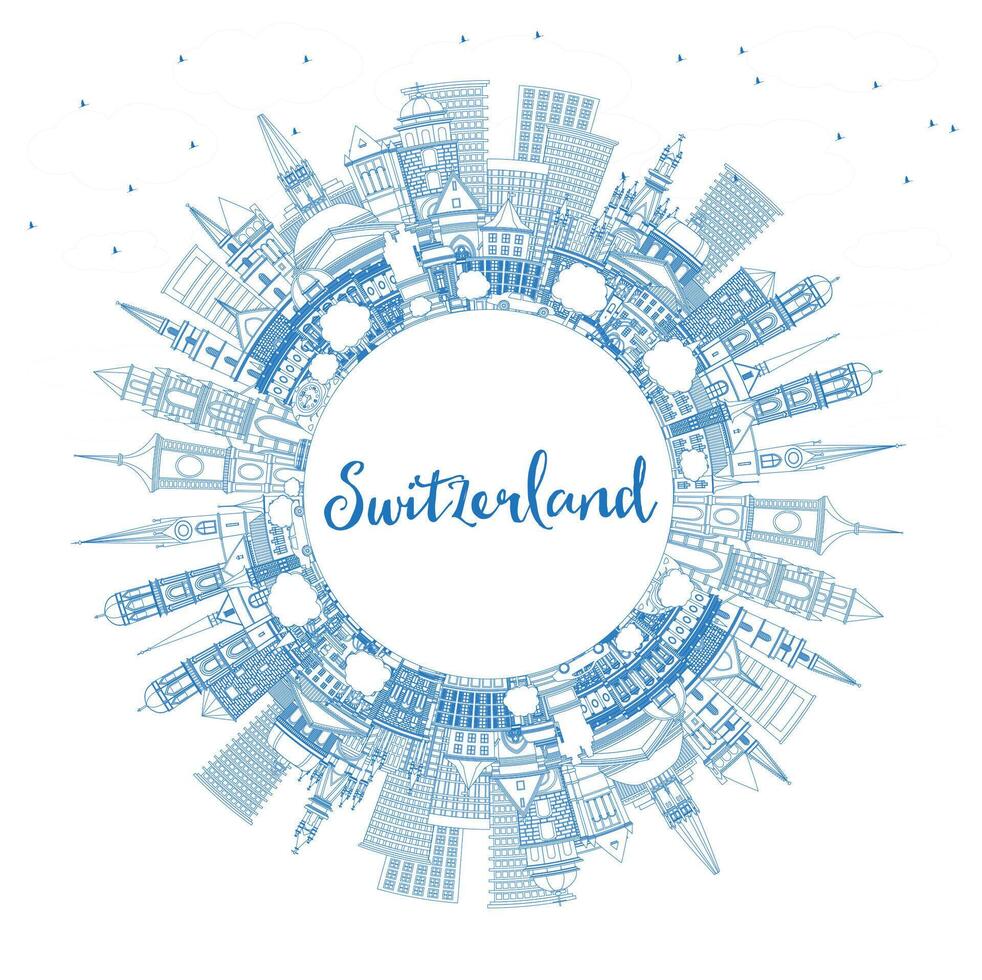 Outline Switzerland city skyline with blue buildings and copy space. Modern and historic architecture. Switzerland cityscape with landmarks. Bern. Basel. Zurich. Geneva. vector