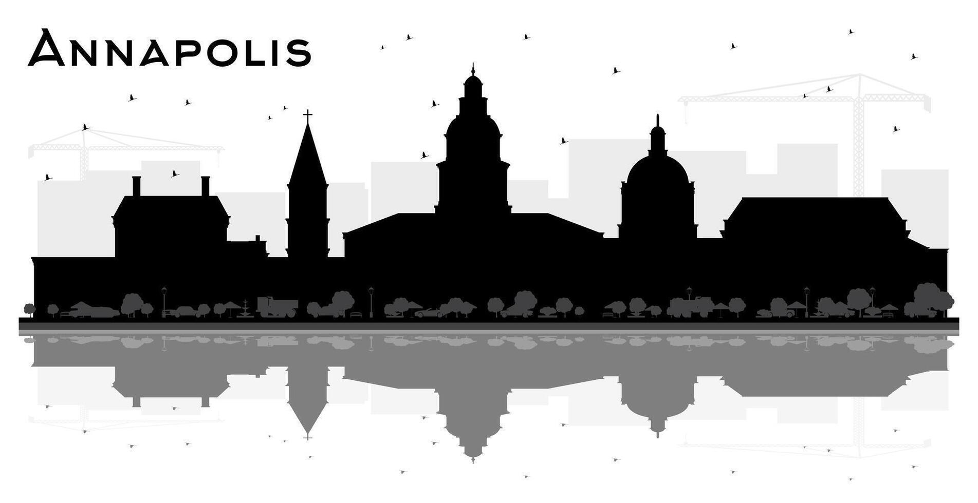 Annapolis Maryland City Skyline Silhouette with Black Buildings and reflections Isolated on White. Tourism Concept with Historic Architecture. Annapolis USA Cityscape with Landmarks. vector