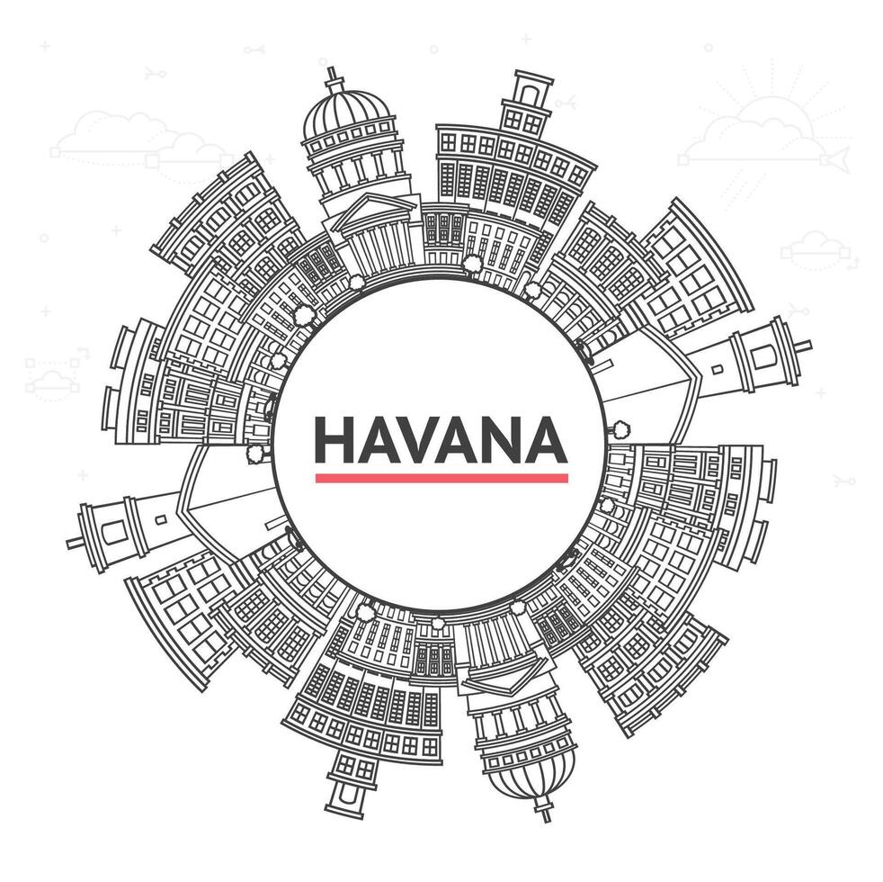 Outline Havana Cuba City Skyline with Historic black Buildings and copy space Isolated on White. Havana Cityscape with Landmarks. vector