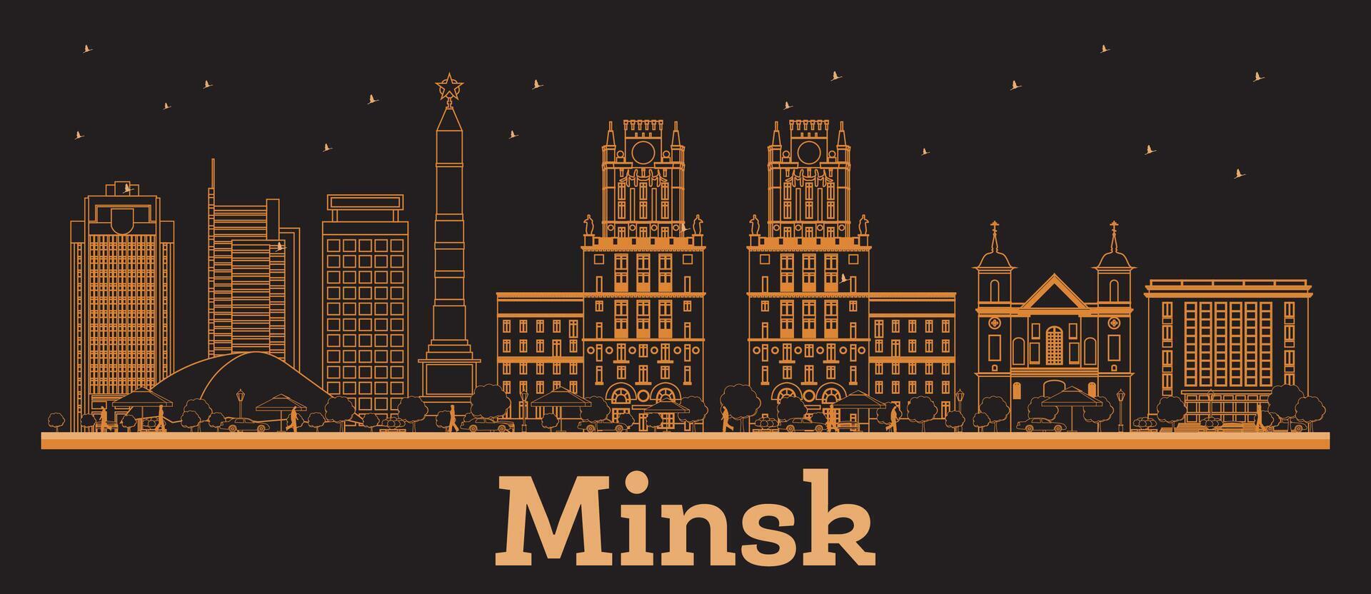 Outline Minsk Belarus City Skyline with orange Buildings. Business Travel and Concept with Modern Architecture. Minsk Cityscape with Landmarks. vector