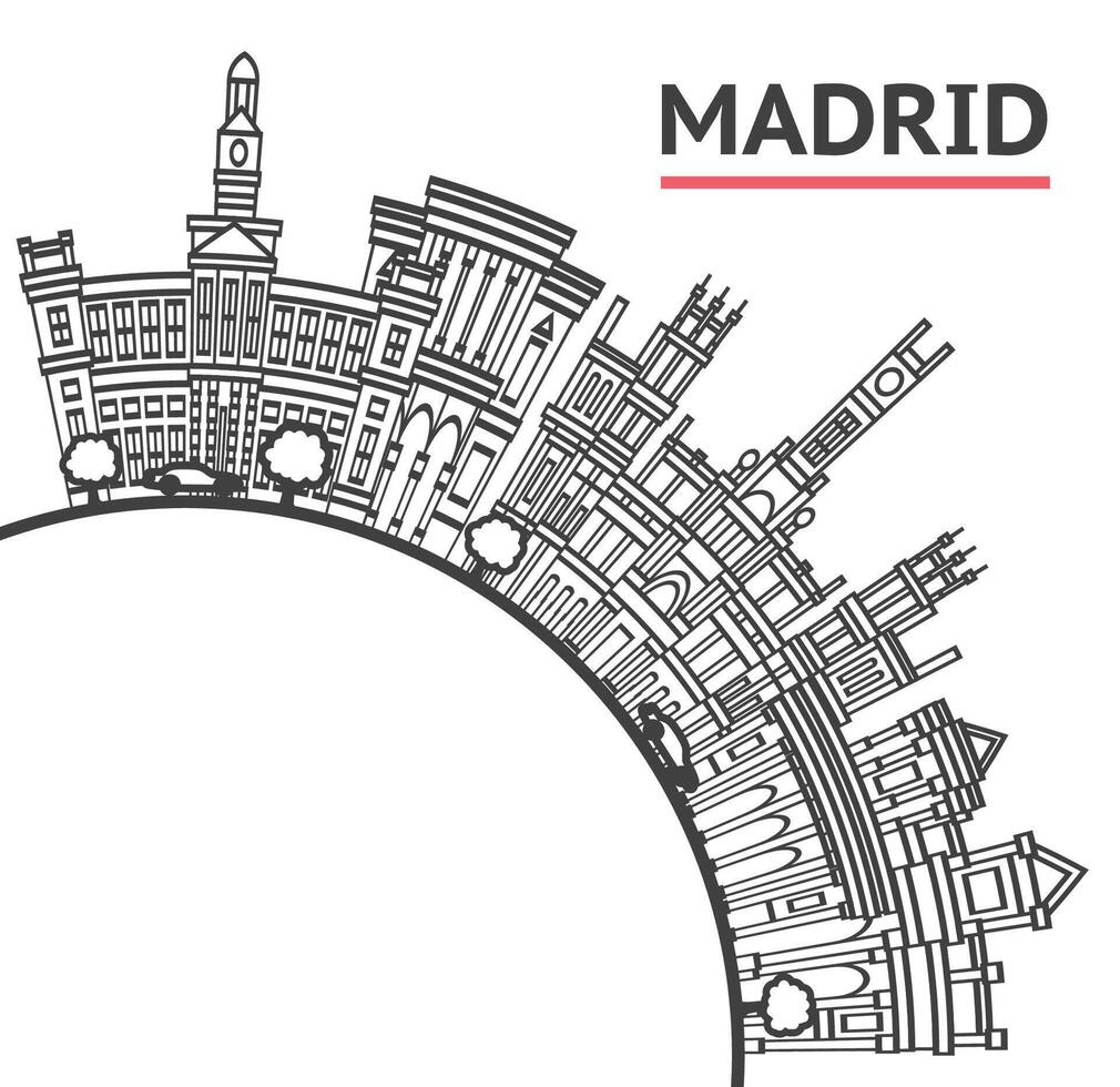 Outline Madrid Spain City Skyline with black and white Historic Buildings and copy space Isolated on White. Madrid Cityscape with Landmarks. vector